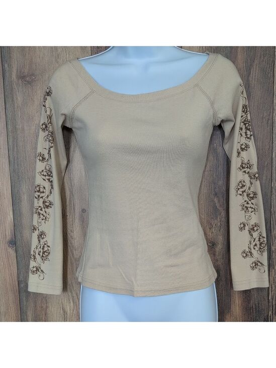 Weavers Tops - Weavers Beige Floral Sleeve Long Sleeve Wide Neck Tee S V238